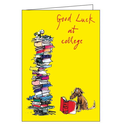 This Quentin Blake good luck at college card is decorated with a dog in glasses reading a book. The text on the front of the card reads 