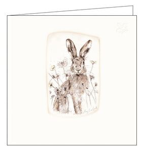 This blank greetings card from Woodmansterne's Habitat range helps raise funds for the National Trust. The front of the card features a beautiful illustration in sepia tones of a hare sitting among buttercups and daisies.