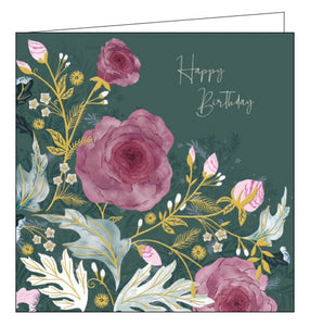 This lovely birthday card from the National Trust range is decorated with a close up of a rose bush blooming with light pink buds and rich flowers. The text on the front of the card reads "Happy Birthday".