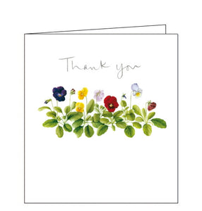 This cute little notelet sized thank you card features a row of pansies in full bloom.