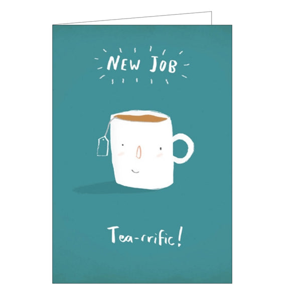 This cute new job card is decorated with a mug of tea - with a smiley face. The caption on the front of the card reads 