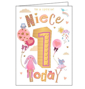 This 1st birthday card for a special Niece is decorated with cute animals holding balloons. Embellished gold text on the front of the card reads "To a Special Niece 1 Today"