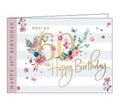 Gold text on the front of this lovely 60th Birthday card reads "You're 60...Happy Birthday". Butterflies and colourful flowers surround the "60".
