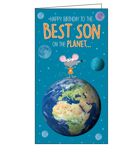 This funny birthday card for a special son is decorated with a cartoon mouse standing on top of the world with other planets in the background. The inside image is a mouse on mars jumping in the air with two aliens. The text on the front of the card reads 