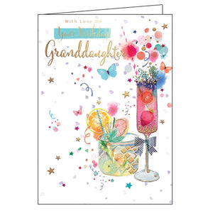 With Love on Your Birthday Granddaughter - Birthday CardThis birthday card for a special granddaughter is decorated with two delicious looking cocktails surrounded by butterflies and gold stars. The text on the front of the card reads "With Love On Your Birthday Granddaughter"