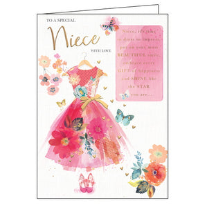 This lovely birthday card for a special Niece is decorated with a gorgeous pink dress and matching heels. The dress is decorated with flowers, and blue and gold butterflies flutter around it. The text on the front of the card reads "To a special Niece with love... Niece, it's time to dress to impress put on your most BEAUTIFUL smile, embrace every GIFT of happiness and SHINE like the STAR you are..." 