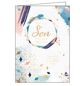 This birthday card for a special son features a geometric design of diamond shapes in shades of blue and gold. Gold text on the front of the card reads "For you Son on your Birthday...there are so many reasons to be proud of you..."