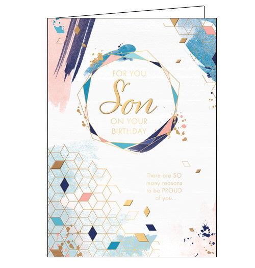 This birthday card for a special son features a geometric design of diamond shapes in shades of blue and gold. Gold text on the front of the card reads 