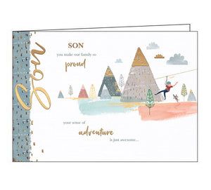 The birthday card for a special son features an illustration of a boy and his dog on a zip wire through the mountains. The text on the front of the card reads "Son, you make our family so proud. Your sense of adventure is just awesome..."