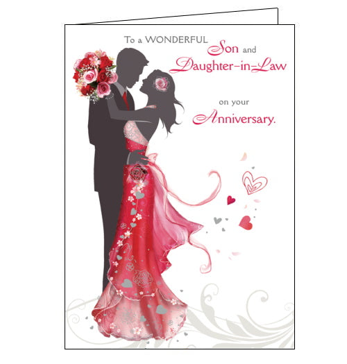 This anniversary card for a special son and daughter in law is decorated with a silhouette of a couple dancing. The gentleman's tie and the lady's dress and bouquet of flowers have been coloured red. The text on the front of the card reads 
