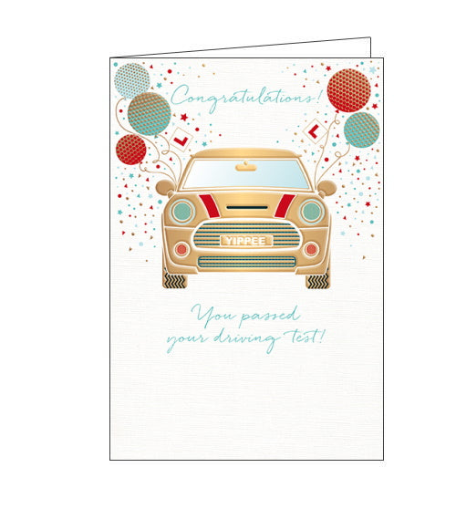 This congratulations card a gold mini car with balloons tied to the wing mirrors and a numberplate that reads 