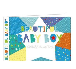 This card for a special baby boy is decorated in shades of pale blue and green. Large text on the front of the card reads "Beautiful Baby Boy...Congratulations".
