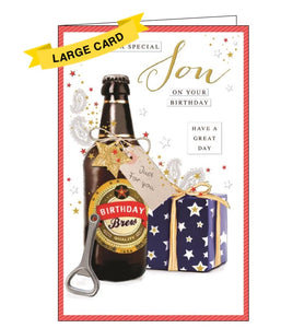 This large letter-birthday card for a wonderful son is decorated with a bottle of beer labelled "Birthday Brew". The text on the front of the card reads "For a special Son on your Birthday...have a great day".