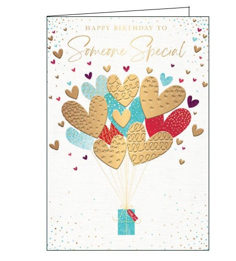 A bunch of heart-shaped balloons are tied to a birthday present on the front of this birthday card. Gold text on the front of the card reads 