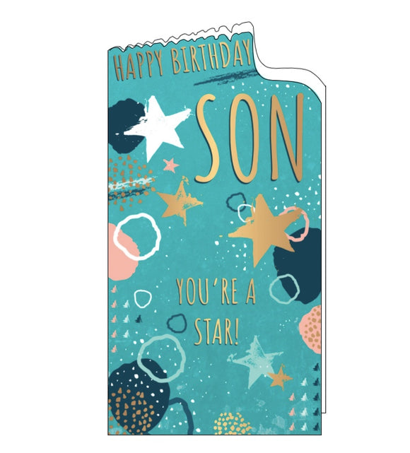 This birthday card for a special son is decorated with gold, white and blue, orange stars and confetti. Gold text on the front of the card reads 