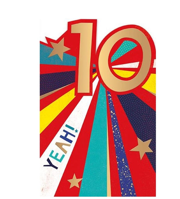 This 10th birthday card is decorated with radiating lines in shades of red, blue and yellow, and scattered with golden stars. The text on the front of the card reads 