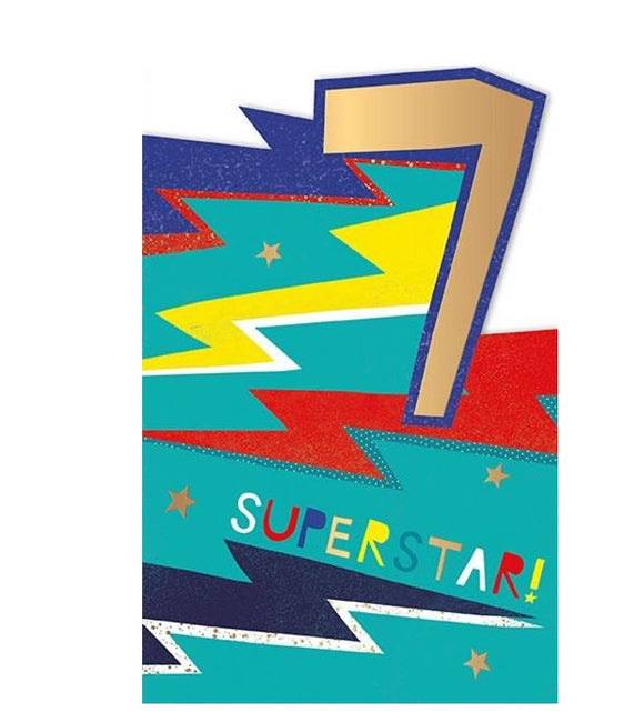 This 7th birthday card is decorated with blue, red and yellow toned stars and lightning bolts. The text on the front of the card reads 