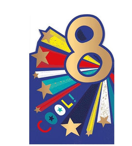 This 8th birthday card is decorated with shooting stars complete with red, blue and yellow trails and a large gold "8".