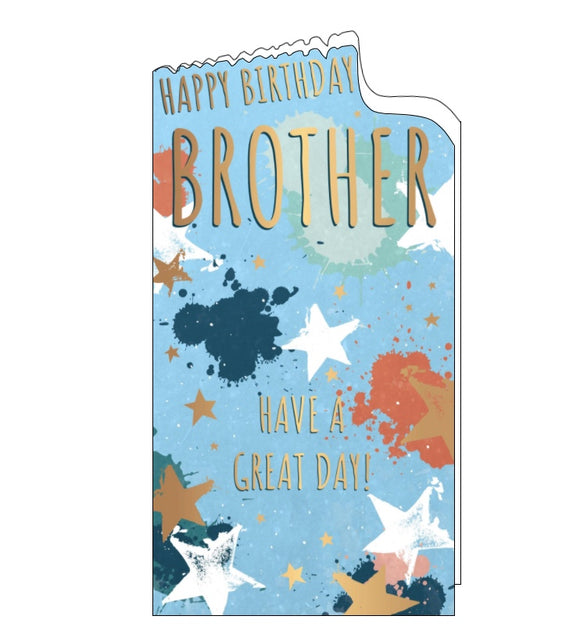 This birthday card for a special brother is decorated with gold, white and blue, stars. Gold text on the front of the card reads 