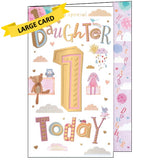 This 1st birthday card for a special Daughter is decorated with cute animals, balloons and clouds. Embellished gold text on the front of the card reads "To a Special Daughter 1 Today".
