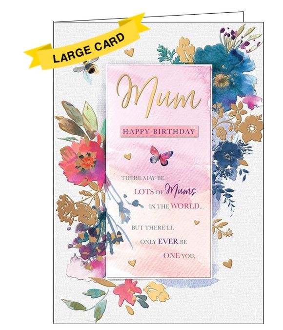 This large letter-birthday card for a wonderful Mum is decorated with richly coloured flowers, with details picked out in gold foil. The text on the front of the card reads 