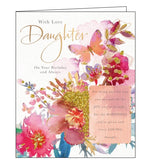 This lovely birthday card for a special Daughter is decorated with a pink butterfly fluttering by pink, rose-gold and glittery flowers. The text on the front of the card reads "With Love Daughter On Your Birthday and Always....For being just the way you are and all the JOY you've brought, For the HAPPINESS you've given and every LOVING thought..."