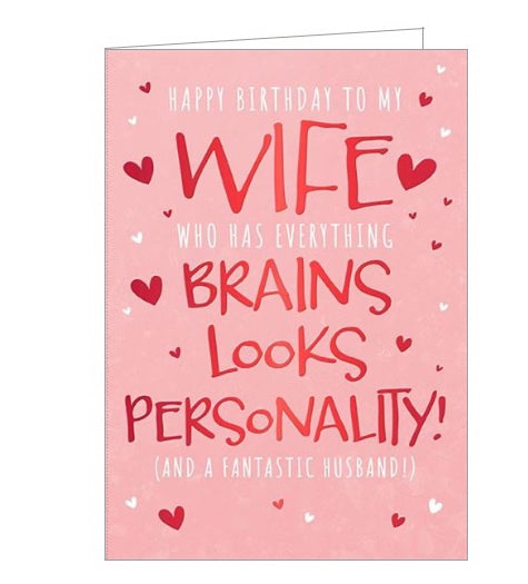 This birthday card for a special wife is decorated with red and white hearts scattered against a light pink background.  White and red text on the front of the card reads 