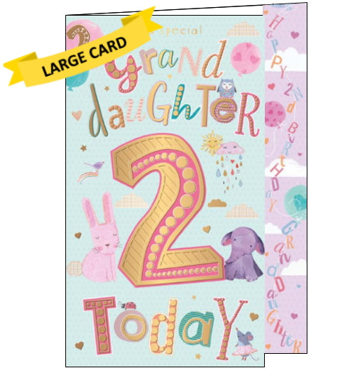 This 2nd birthday card for a special Granddaughter is decorated with cute animals, balloons and clouds. Embellished gold text on the front of the card reads 