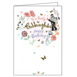This adorable birthday card for a special goddaughter features Bam-Boo the panda, surrounded by butterflies and flowers. The text on the front of the card reads "To a lovely Goddaughter...Happy Birthday".