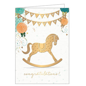 This gender neutral naming card - perfect for baby boys and baby girls - is decorated with an embossed golden rocking horse. Golden bunting across the top of the card reads "On your naming day...Congratulations".