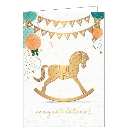 This gender neutral naming card - perfect for baby boys and baby girls - is decorated with an embossed golden rocking horse. Golden bunting across the top of the card reads 