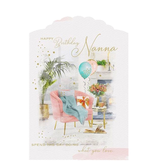This lovely birthday card for a special nanna is decorated with a scene of a welcoming lounge decorated for a birthday celebration - complete with gifts, balloons and flowers. Rose-gold text on the front of this birthday card card reads 