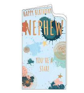 This birthday card for a special nephew is decorated with gold, white and blue, stars. Gold text on the front of the card reads "Happy Birthday Nephew....you're a star!"