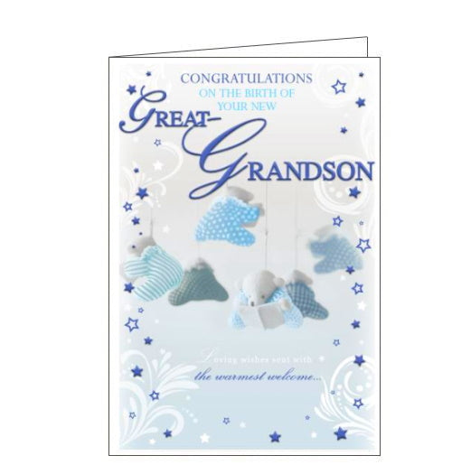 This card to celebrate a new baby Great-Grandson is decorated with a mobile of blue teddy bears. Metallic blue text on the front of the card reads 