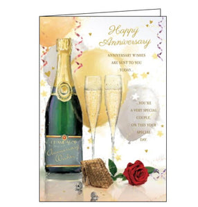  This anniversary card for a special couple is decorated with two champagne flutes filled with fizzing champagne, surrounded by flowers, balloons and confetti. The text on the front of this card reads "Happy Anniversary...Anniversary wishes are sent to you today...you're a very special couple, on this your special day".