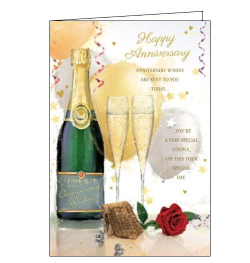  This anniversary card for a special couple is decorated with two champagne flutes filled with fizzing champagne, surrounded by flowers, balloons and confetti. The text on the front of this card reads 