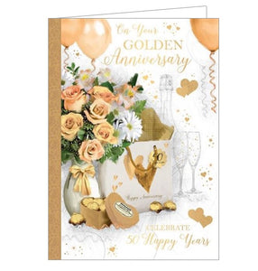 This lovely golden wedding anniversary card is decorated with a still-life of a bouquet of golden and white roses, gold-foil wrapped chocolates, balloons and golden confetti. Gold text on the front of the card reads "On Your Golden Anniversary...Celebrate 50 Happy Years".