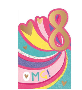 This 8th birthday card is decorated with a swirl of pink, purple, teal and yellow waves, scattered with gold hearts. The text on the front of the card reads "8 OMG!"