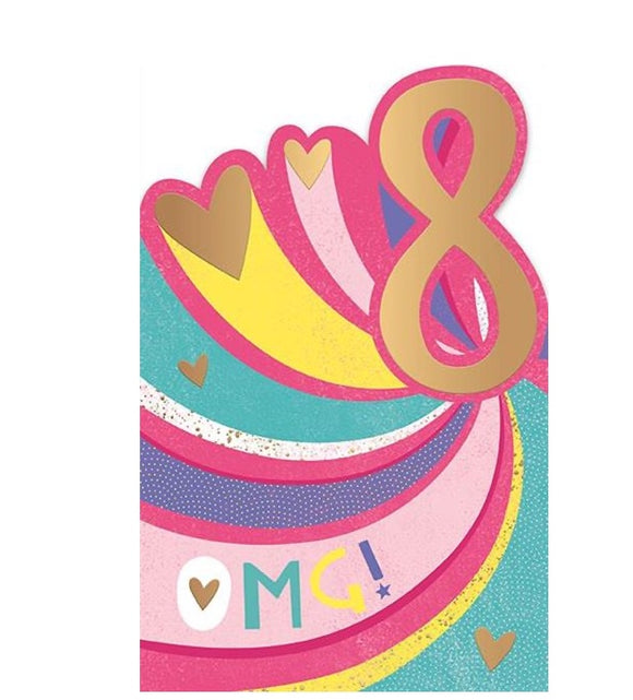 This 8th birthday card is decorated with a swirl of pink, purple, teal and yellow waves, scattered with gold hearts. The text on the front of the card reads 