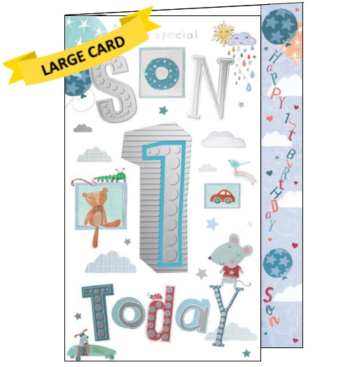 This 1st birthday card for a special Son is decorated with cute animals, balloons and clouds. Embellished silver text on the front of the card reads 