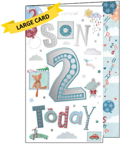 This 2nd birthday card for a special Son is decorated with cute animals, balloons and clouds. Embellished silver text on the front of the card reads "To a Special Son 2 Today".