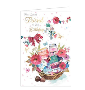 This birthday card for a special friend is decorated a wicker hamper filled with delicious birthday treats - including candles, jam and flowers. The text on the front of this birthday card reads "For a Special Friend on your Birthday" 