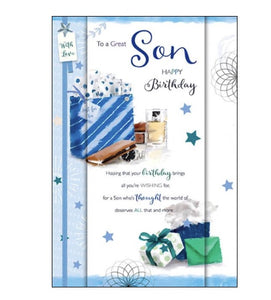 This birthday card for a special son is decorated with birthday gifts - including a wallet, watch and aftershave. The text on the front of the card reads "hoping that your birthday brings all you're wishing for for a son who's thought the world of deserves all that and more".