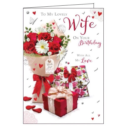 This birthday card for a wonderful wife is decorated with a beautiful bouquet of red, white and pink flowers. The text on the front of the card reads "To my Lovely Wife on Your Birthday With All My Love".