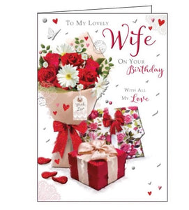 This birthday card for a wonderful wife is decorated with a beautiful bouquet of red, white and pink flowers. The text on the front of the card reads "To my Lovely Wife on Your Birthday With All My Love".