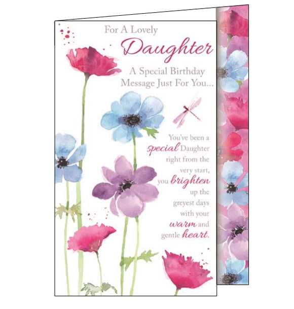 This lovely birthday card for a special daughter is decorated with a pink dragonfly flitting around colourful flowers. The text on the front of the card reads 