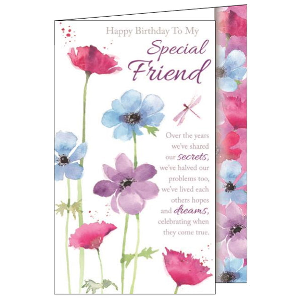This lovely birthday card for a special friend  is decorated with a pink dragonfly flitting around colourful flowers. The text on the front of the card reads 