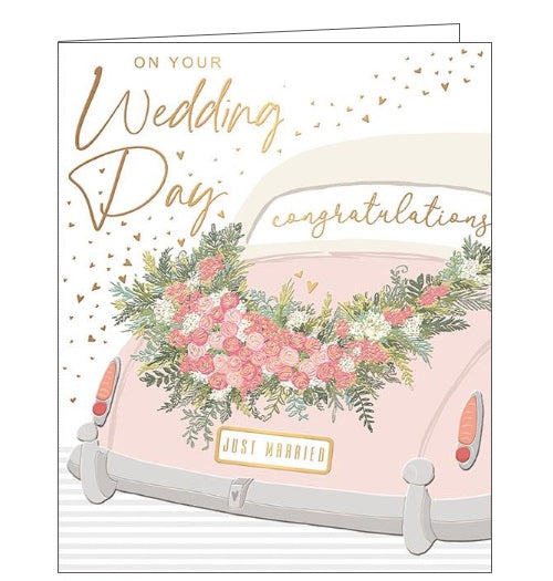 This lovely wedding day card is decorated with a blush-toned illustration of the back of a wedding card with a numberplate that reads 