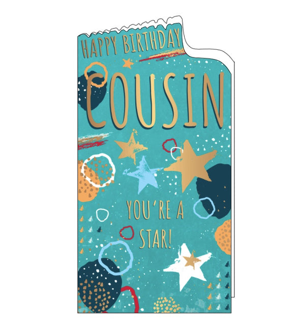 This birthday card for a special cousin is decorated with gold, white and blue, orange stars and confetti. Gold text on the front of the card reads 