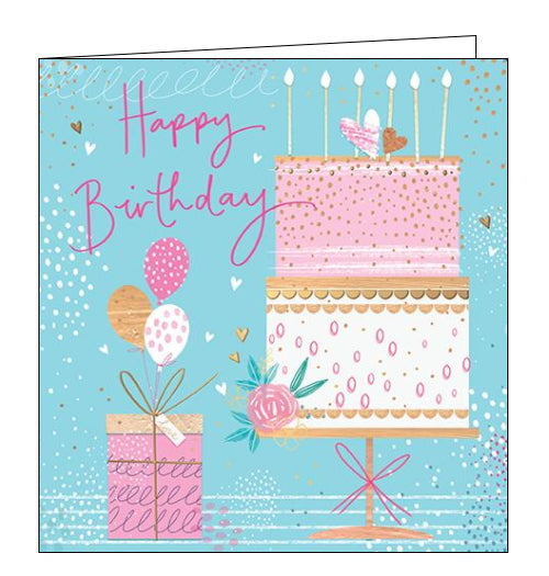 This lovely birthday card is decorated with a beautiful pink and gold two tiered birthday cake, topped with candles. Pink text on the front of the card reads 